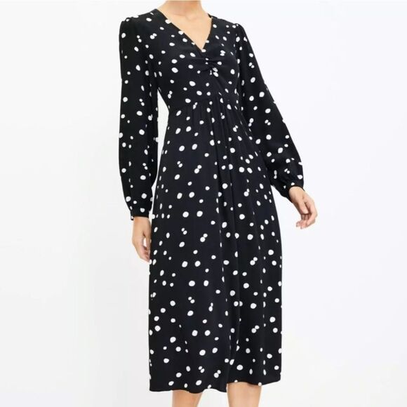 Loft Long Sleeve Midi Dress Black White Polka Dots Front Ruching V Neck Size 4P - Picture 1 of 12